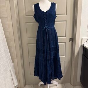 Scully Blue Embroidered Lace Up Corset Tiered Maxi Dress Small Rayon India